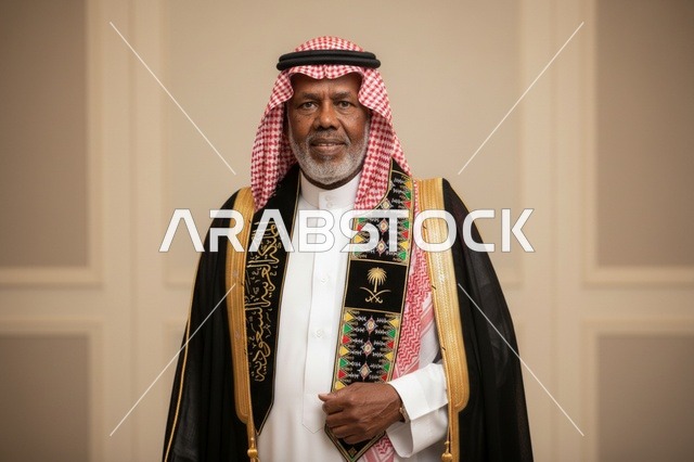 بورتريه رجل سعودي مسن يرتدي البشت والوشاح الوطني الرسمي