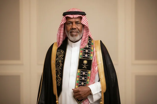 Elderly Saudi Man in Traditional Bisht and National Sash