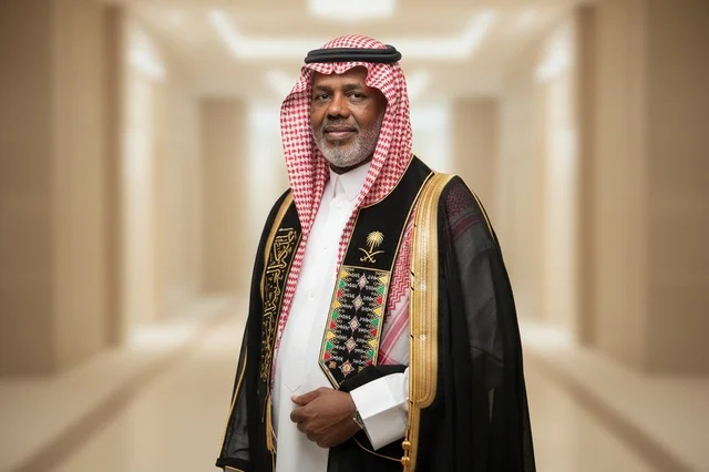 رجل سعودي بالبشت والزي الوطني الرسمي التقليدي