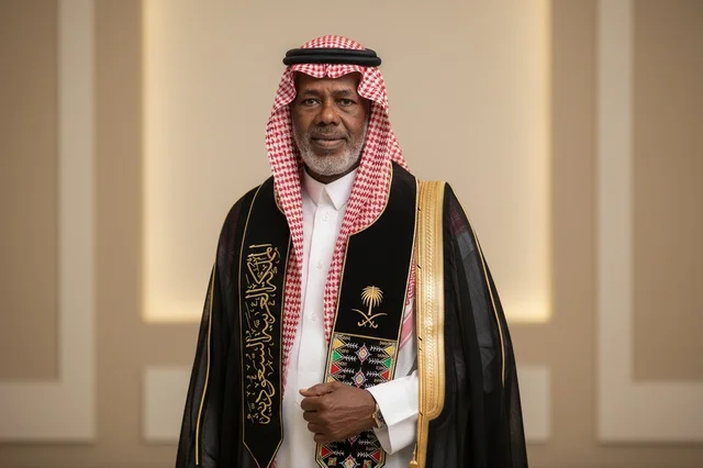 رجل سعودي مسن بالبشت التقليدي والوشاح الوطني