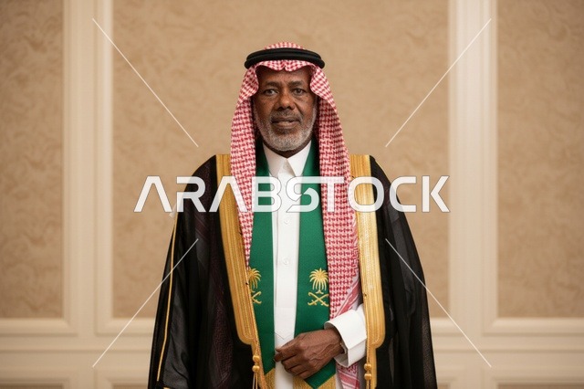 رجل سعودي مسن بالبشت التقليدي والوشاح الوطني