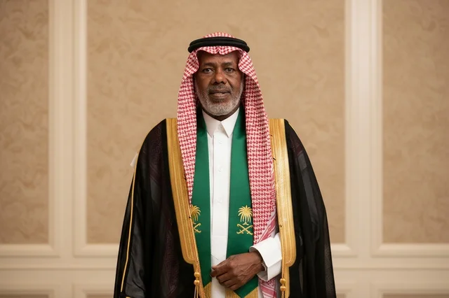 Elderly Saudi Man in Traditional Bisht and National Scarf
