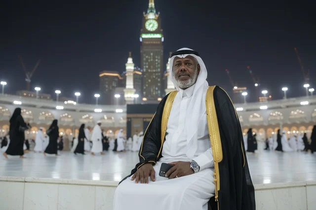 رجل أفريقي بالبشت في المسجد الحرام بمكة ليلاً