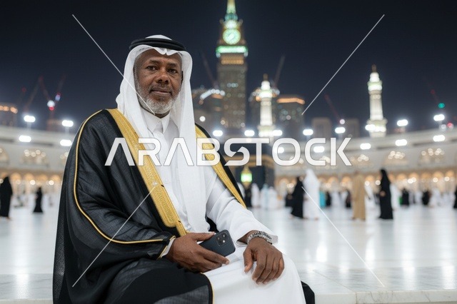 رجل سعودي مسن في المسجد الحرام بمكة ليلاً