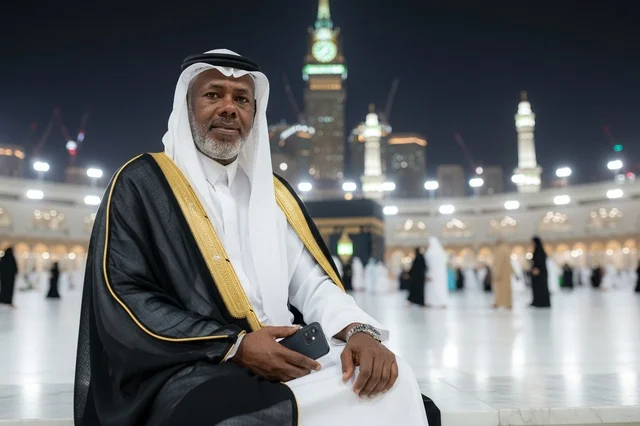 Elderly Saudi Man at Grand Mosque Mecca at Night
