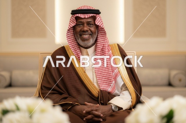 رجل سعودي مسن يرتدي البشت التقليدي والشماغ