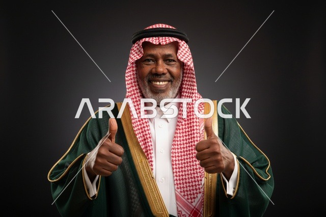 رجل سعودي مسن يرتدي بشت أخضر ويرفع إبهامه