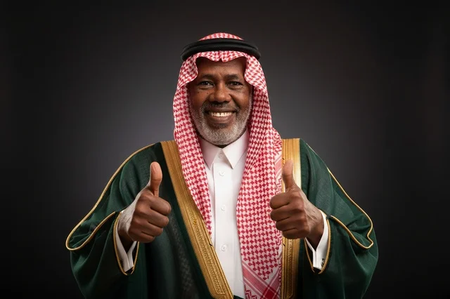 رجل سعودي مسن يرتدي بشت أخضر ويرفع إبهامه