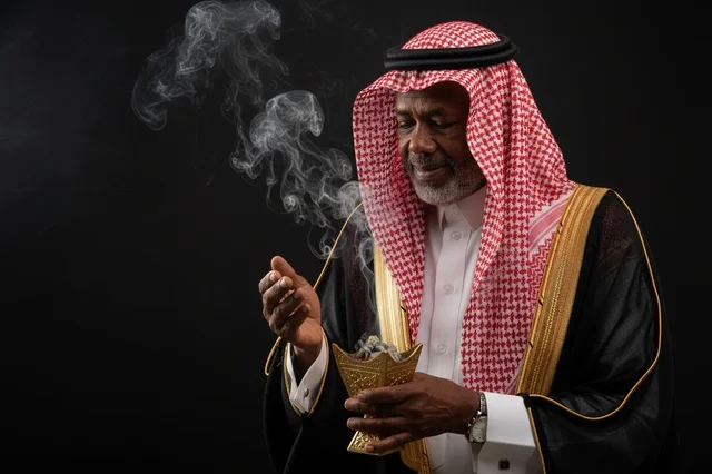 رجل سعودي بالبشت التقليدي يحمل مبخرة ذهبية