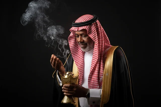 رجل سعودي بالزي التقليدي مع مبخرة ذهبية ودخان