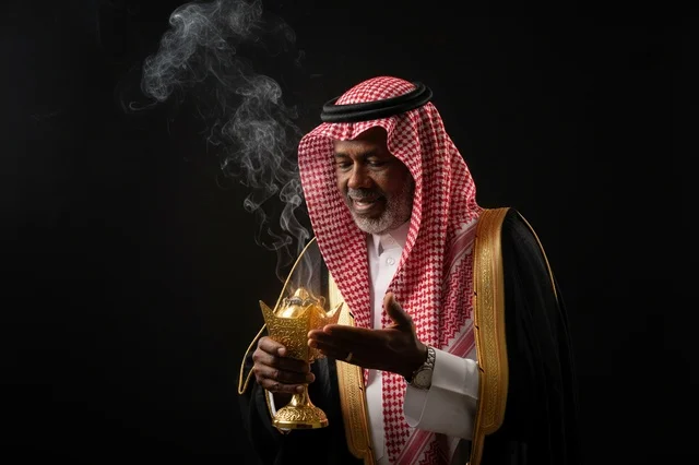 Saudi Man with Traditional Incense Burner and Bisht