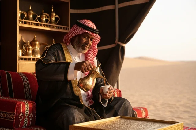 رجل سعودي مسن يصب القهوة العربية في خيمة صحراوية