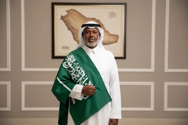 Senior Saudi Man with National Flag and Map Portrait