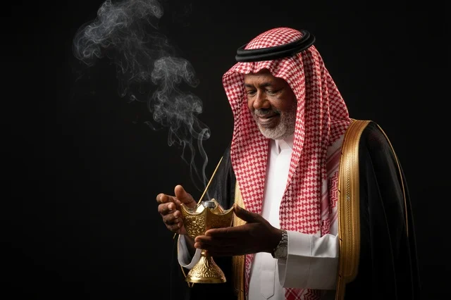 Saudi Man in Traditional Bisht Holding Incense