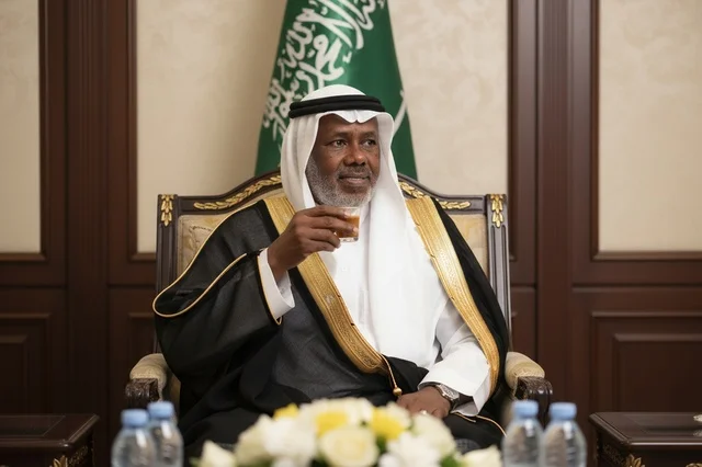 رجل سعودي بالبشت التقليدي يشرب القهوة العربية