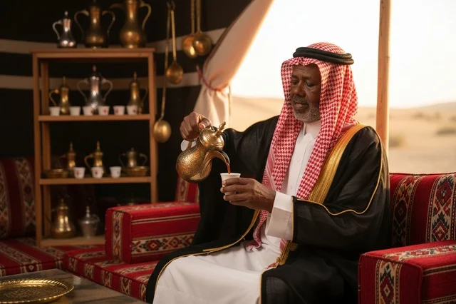 Senior Saudi Man Pouring Arabic Coffee in Desert Tent
