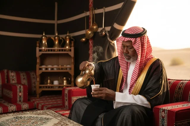 Saudi Man in Traditional Bisht Pouring Coffee in Tent