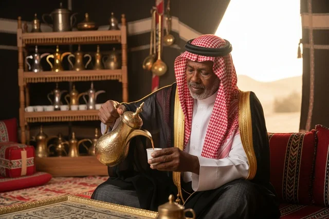 رجل سعودي بالزي التقليدي يصب القهوة العربية