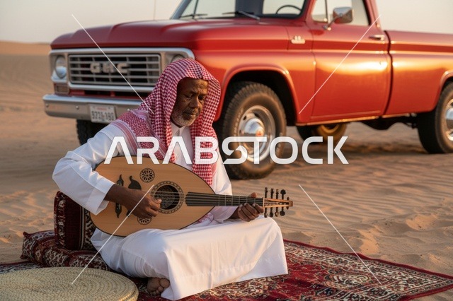 Saudi Man Playing Oud in Desert with Vintage Truck