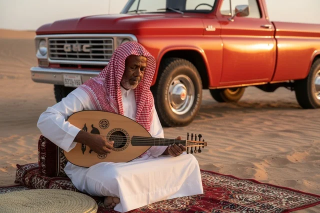 Saudi Man Playing Oud in Desert with Vintage Truck