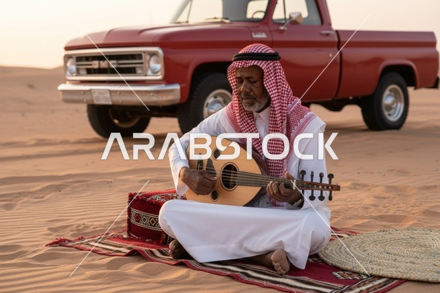 رجل سعودي يعزف العود مع شاحنة كلاسيكية في الصحراء