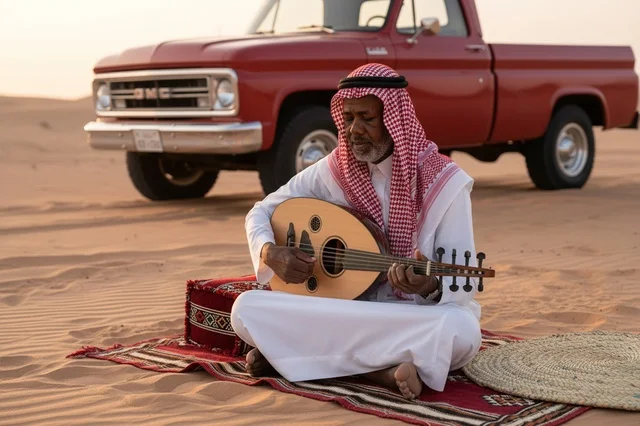 رجل سعودي يعزف العود مع شاحنة كلاسيكية في الصحراء