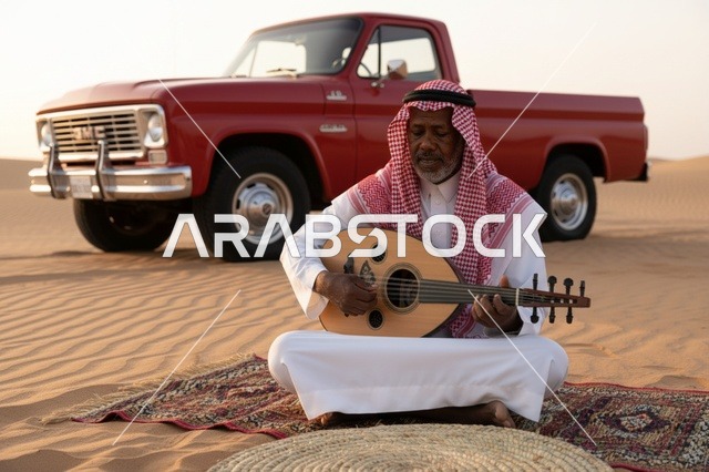 Saudi Man Playing Oud in Desert with Vintage Truck