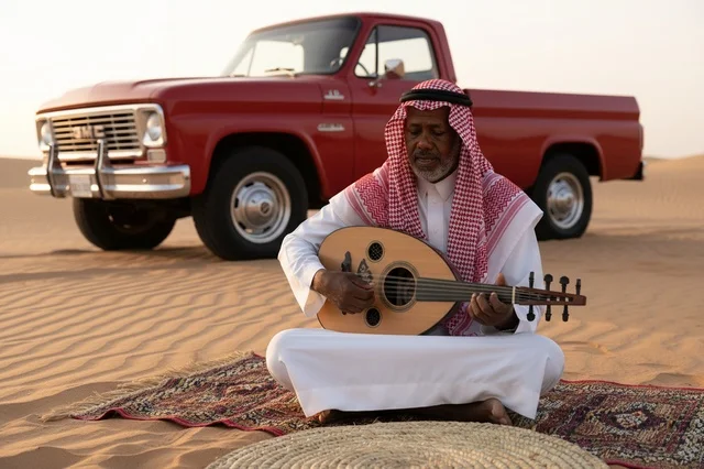 رجل سعودي يعزف العود في الصحراء مع شاحنة كلاسيكية