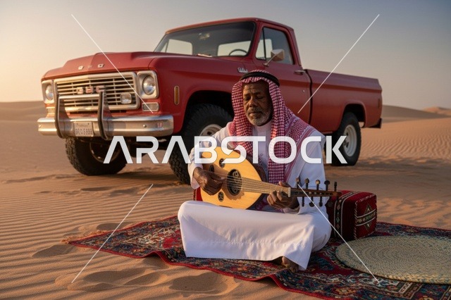 Saudi Man Playing Oud by Classic GMC Truck in Desert