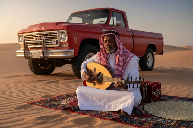 رجل سعودي يعزف العود بجانب شاحنة جمس في الصحراء