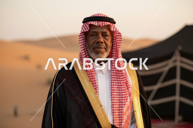 رجل سعودي مسن بالبشت التقليدي في الصحراء