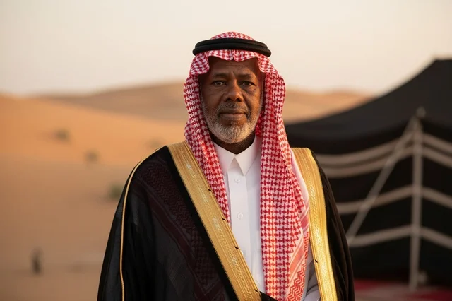 رجل سعودي مسن بالبشت التقليدي في الصحراء