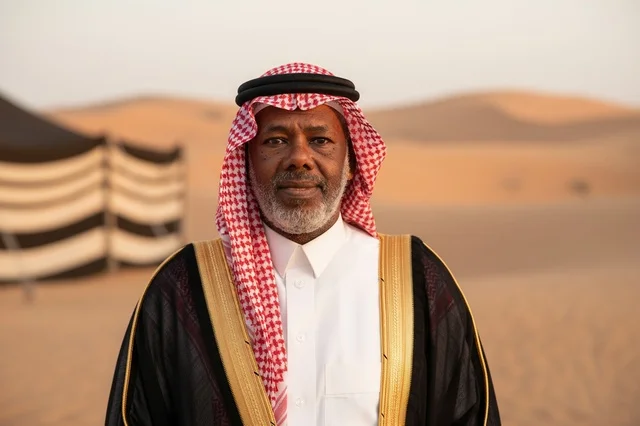 رجل سعودي يرتدي البشت التقليدي في الصحراء وقت الغروب