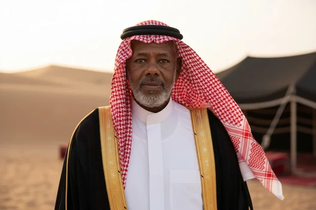 رجل سعودي بالبشت والثوب التقليدي في الصحراء
