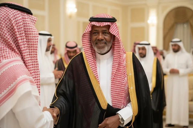 رجل سعودي يرتدي البشت التقليدي يصافح ضيفه