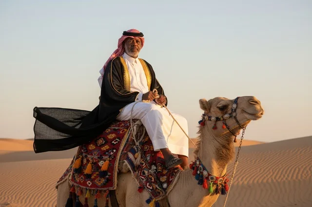 رجل سعودي بالزي التقليدي يركب جملاً وقت الغروب