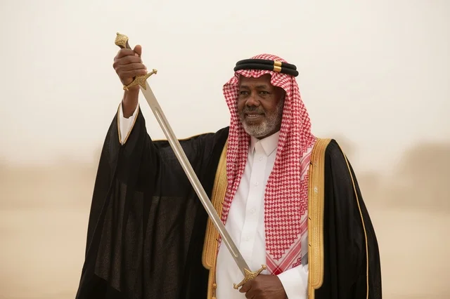 رجل سعودي بالزي التقليدي والبشت يحمل سيفاً