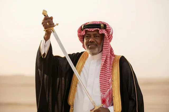 Saudi Man in Traditional Dress Holding Sword Outdoors