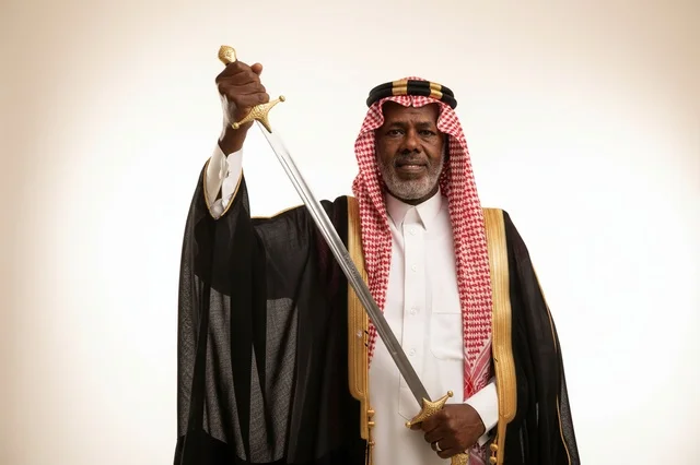 Saudi Man in Traditional Bisht Holding Arabic Sword