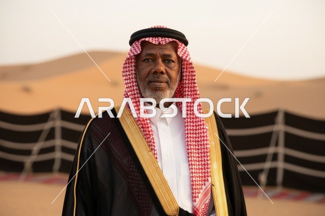 رجل سعودي مسن بالبشت التقليدي في الصحراء