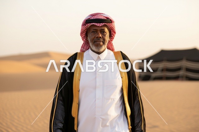 رجل سعودي مسن بالزي التقليدي والبشت في الصحراء