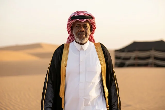 رجل سعودي مسن بالزي التقليدي والبشت في الصحراء