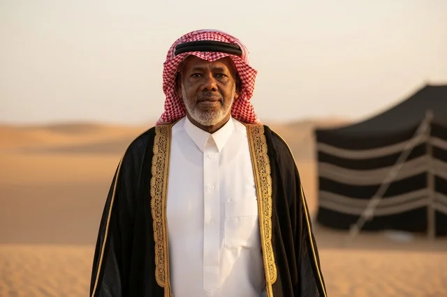 Saudi Man in Traditional Bisht at Desert Camp Sunset