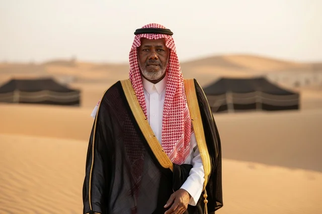 رجل سعودي بالبشت والثوب التقليدي في الصحراء