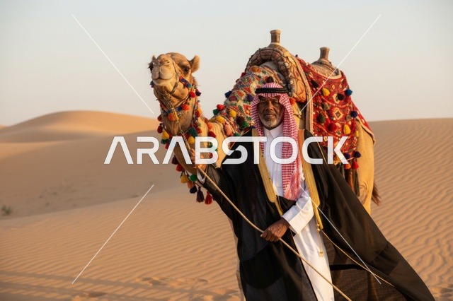 رجل سعودي مع جمل مزين في الصحراء وقت الغروب