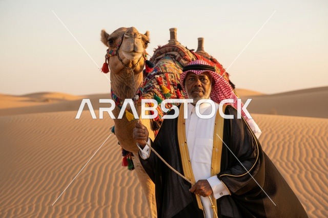 رجل سعودي مع جمل في الصحراء وقت الغروب