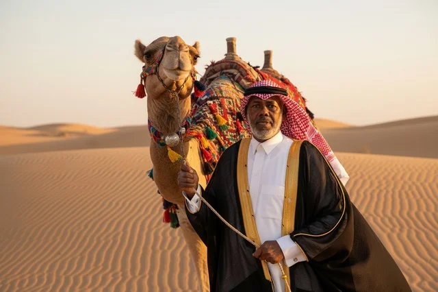 Saudi Man with Camel in Desert at Sunset