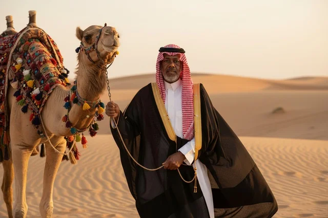 رجل سعودي بالبشت التقليدي مع جمل في الصحراء