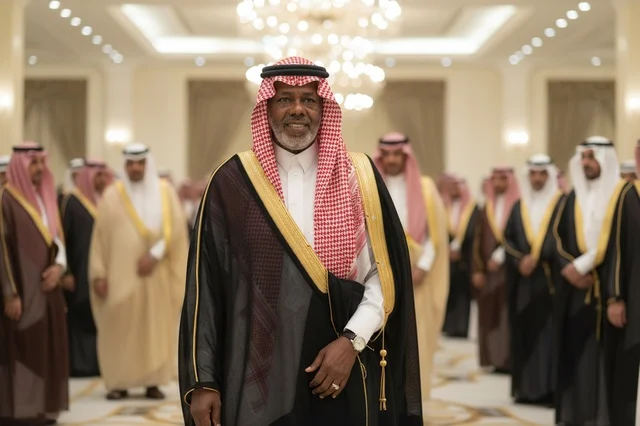 رجل سعودي مسن بالبشت الأسود والشماغ في مناسبة رسمية
