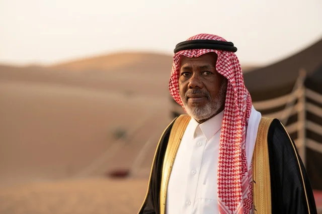 رجل سعودي بالبشت التقليدي في الصحراء العربية
